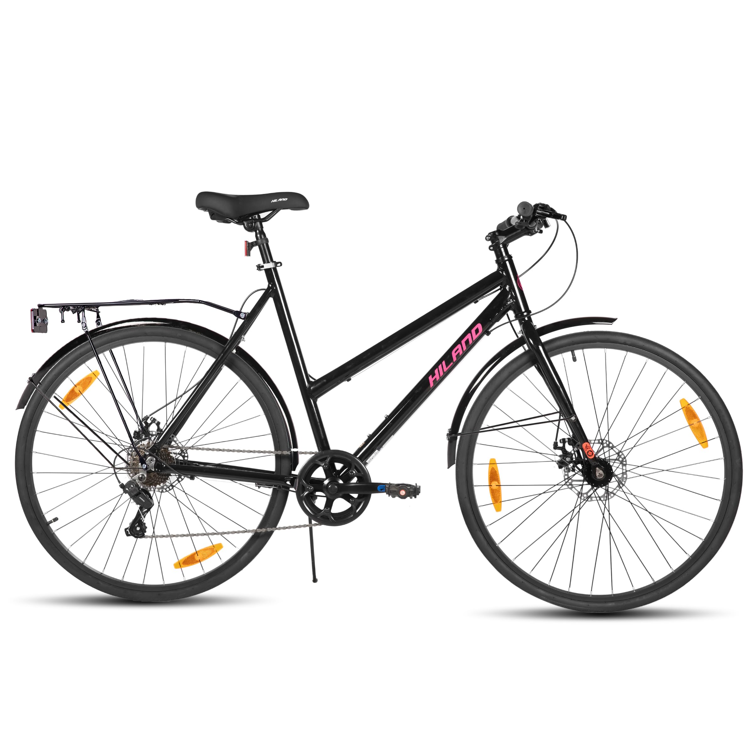 Hiland 700C Bicicleta de Carretera, Bicicleta Urbana de 7 velocidades y 28 Pulgadas, Bicicleta cómoda para Adultos con Frenos de Disco, Unisex, Negro/Azul/Rosa/Blanco