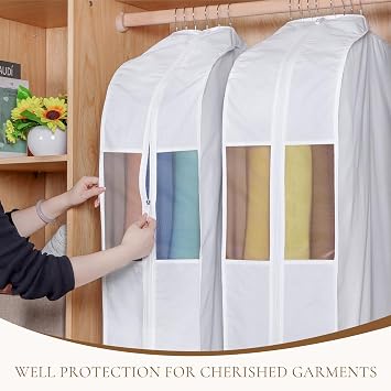 Univivi 50 Inch Cotton Hanging Clothes Bag for Storage 4 Pack, White | Breathable Cotton Fabric, Strong Zipper, Organza Window, 10in Wide Gusset Fits 6 Hangers, Perfect for Suits, Coats, Jackets