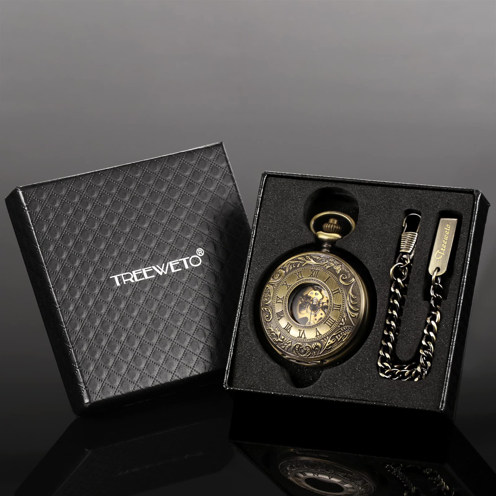 TREEWETO Reloj de Bolsillo mecánico para Hombre con números Romanos Dorado/Bronce/Plata