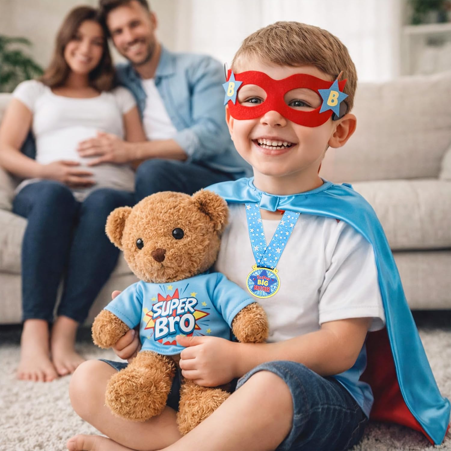 HAPGFS Big Brother Gift Set for Boys - Plush Bear with Big Brother Outfit, Coloring Book, Medal, and Superhero Cape for Boys Age 3-8 from New Baby, Promoted to Bigbro