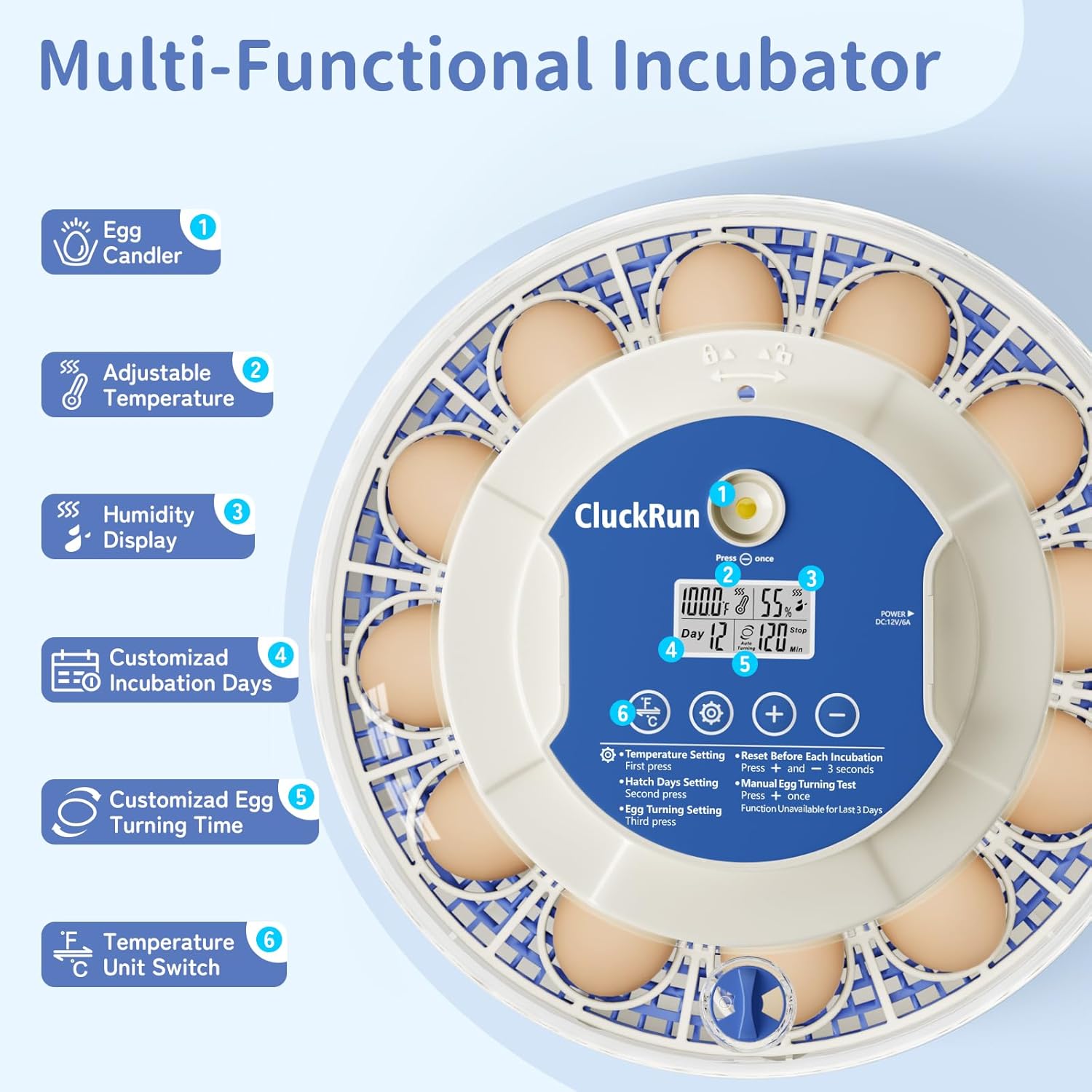 18 Egg Incubators for Hatching Eggs, Incubation Day Display, 2 Egg Trays, Automatic Egg Turning, Built-in Egg Candler, Auto Refill, Adjustable Air Vent, for Chicken, Quail, Duck, Turkey & Goose Eggs