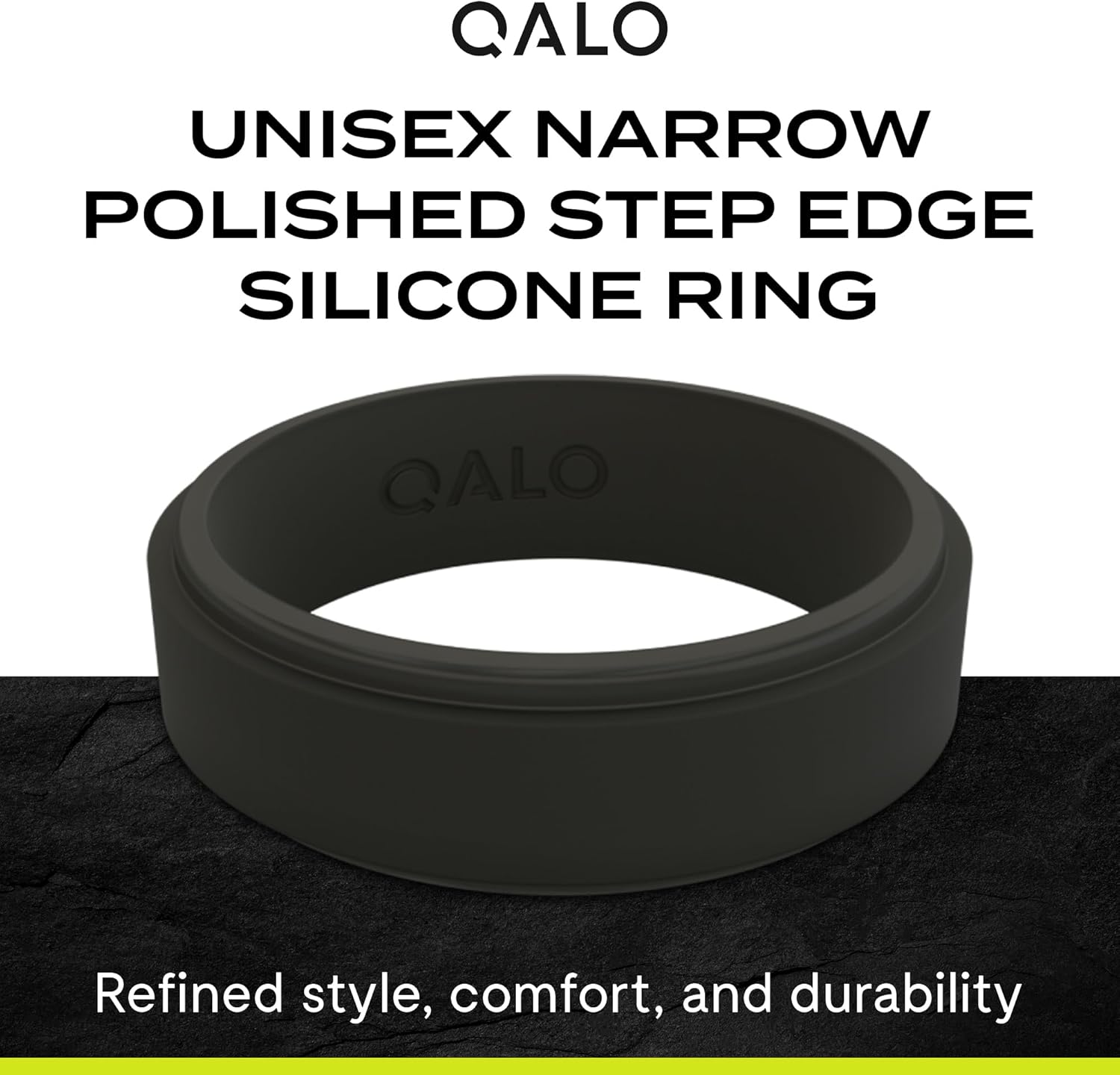 QALO Men & Women's Rubber Silicone Ring, Narrow Polished Step Edge Rubber Wedding Band, Breathable, Durable Unisex Engagement Silicone Ring, Multi Colors