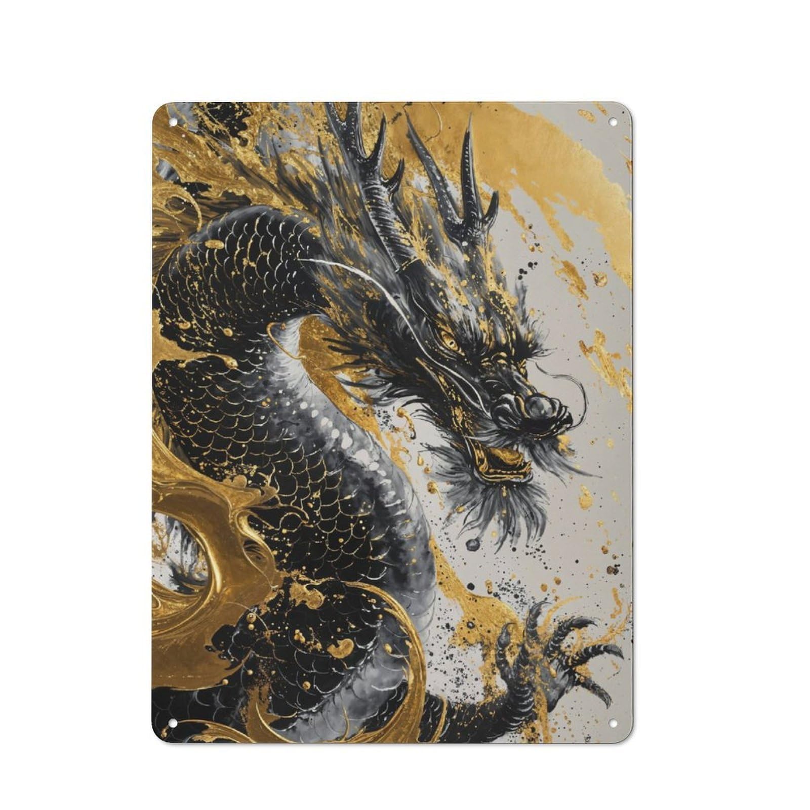 Junmoney Chinese Dragon Gold Ink Vintage-Inspired Tin Sign 40X30cm For Garage Or Workshop, For Garage, Workshop And Man Cave Decoration
