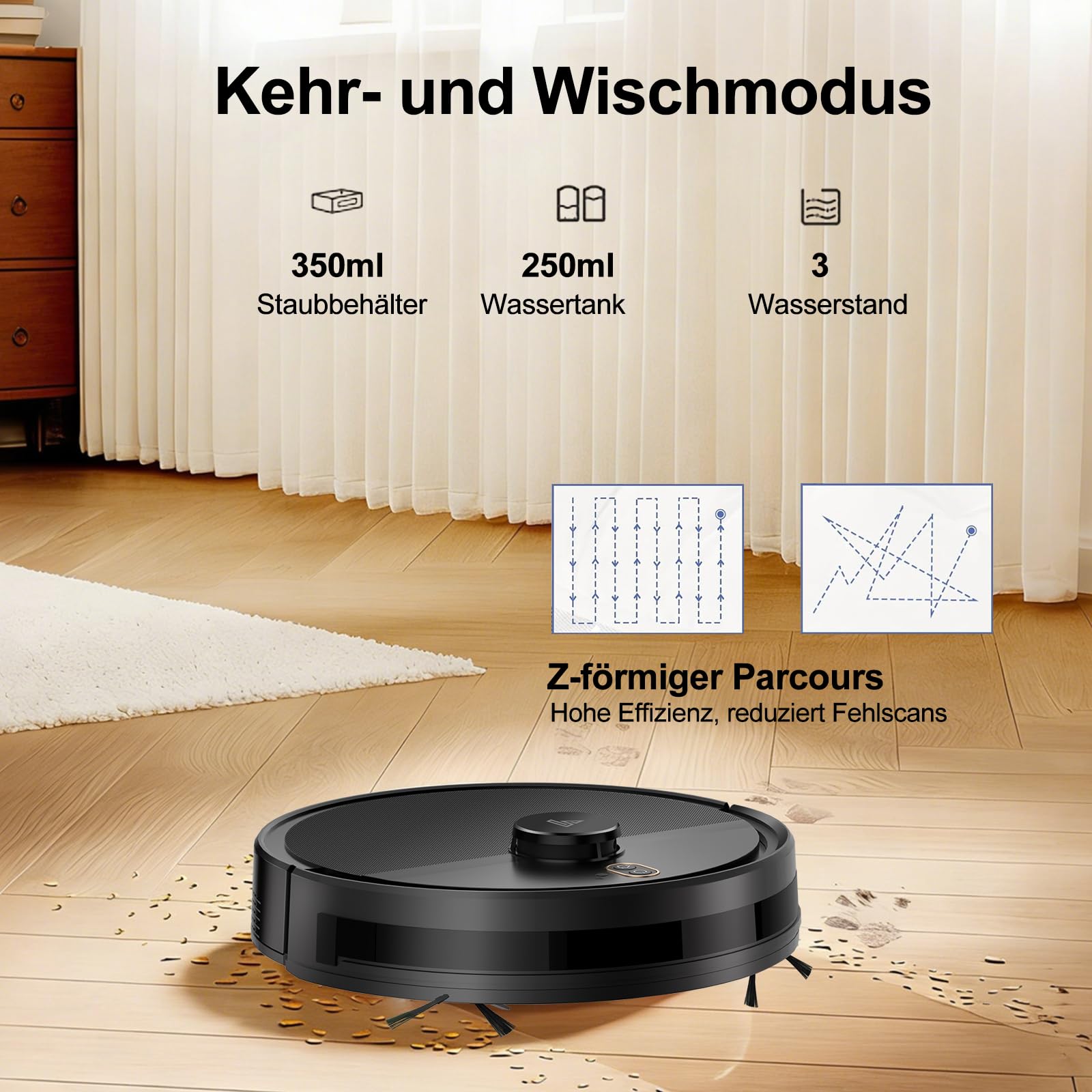 Saugroboter mit Wischfunktion bis zu 5000Pa LiDAR Navigation 5 Karten | 2 in 1 Staubsauger Roboter Sturzsicherung, Selbstladend, Teppichen mit Kurzem Flor und Harten Böden, App/Alexa-Schwarz