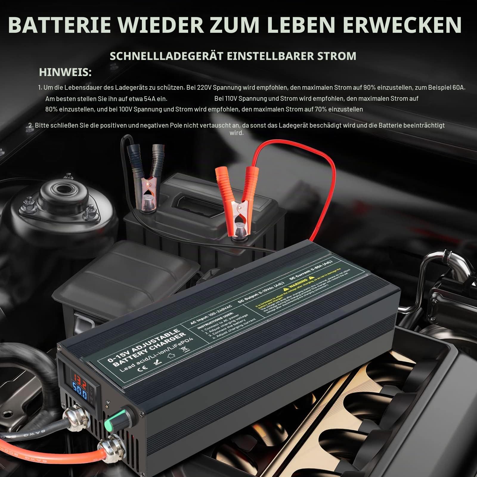 LiFePO4 14,6V 60A Batterieladegerät, 0-15V/0-60A Ladegerät Lithium Batterie mit Stufenloser Regulierung, Intelligentes 12V Lithium Akku für Auto, LKW, Motorrad, Rasenmäher, Boot