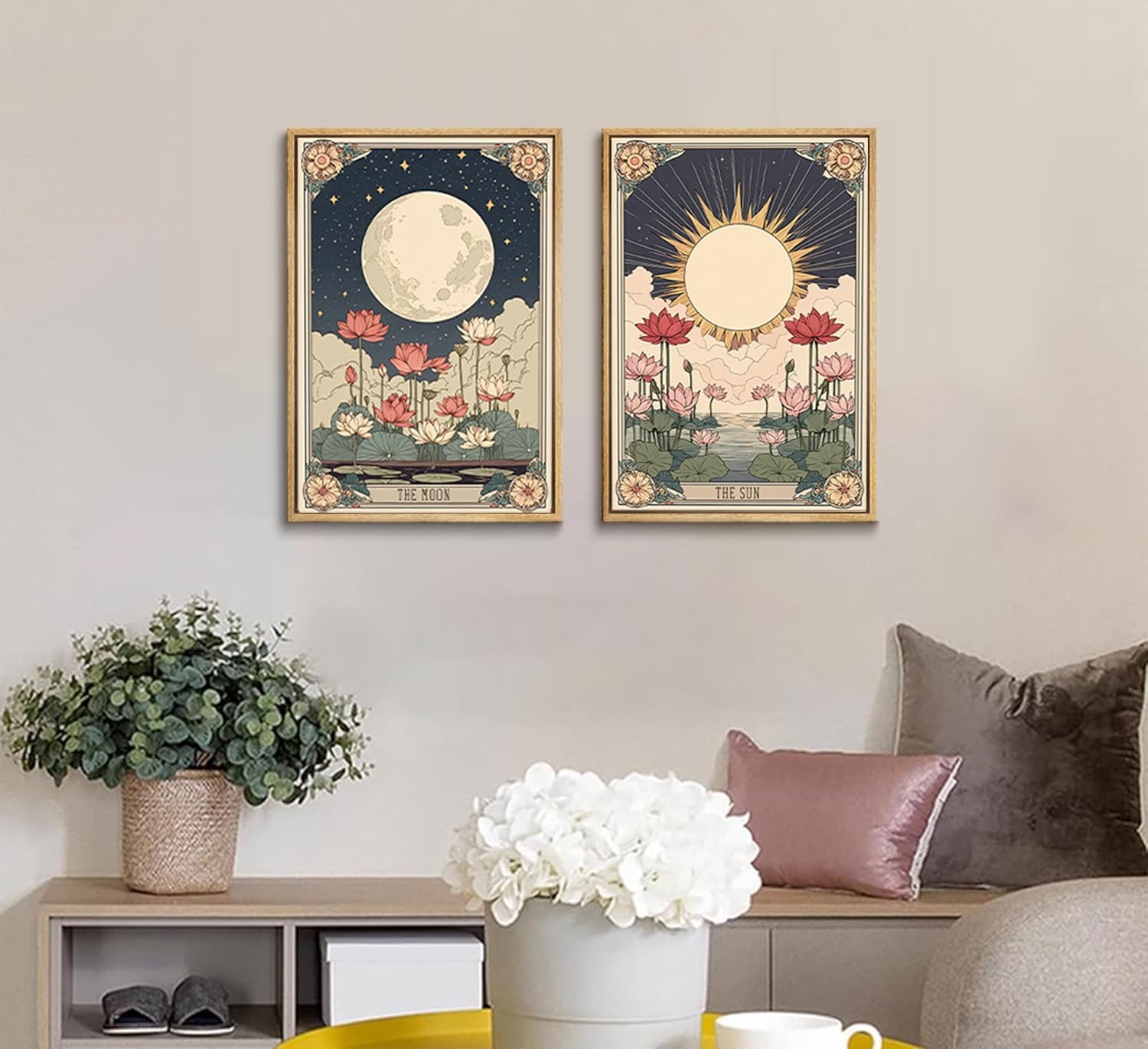 2Pcs Tarot Card Canvas Wall Art Moon Sun Flowers Mystical Astrology Posters Print Boho Vintage Pictures Wall Decor for Bedroom Bathroom Living Room Home Decoration Unframed