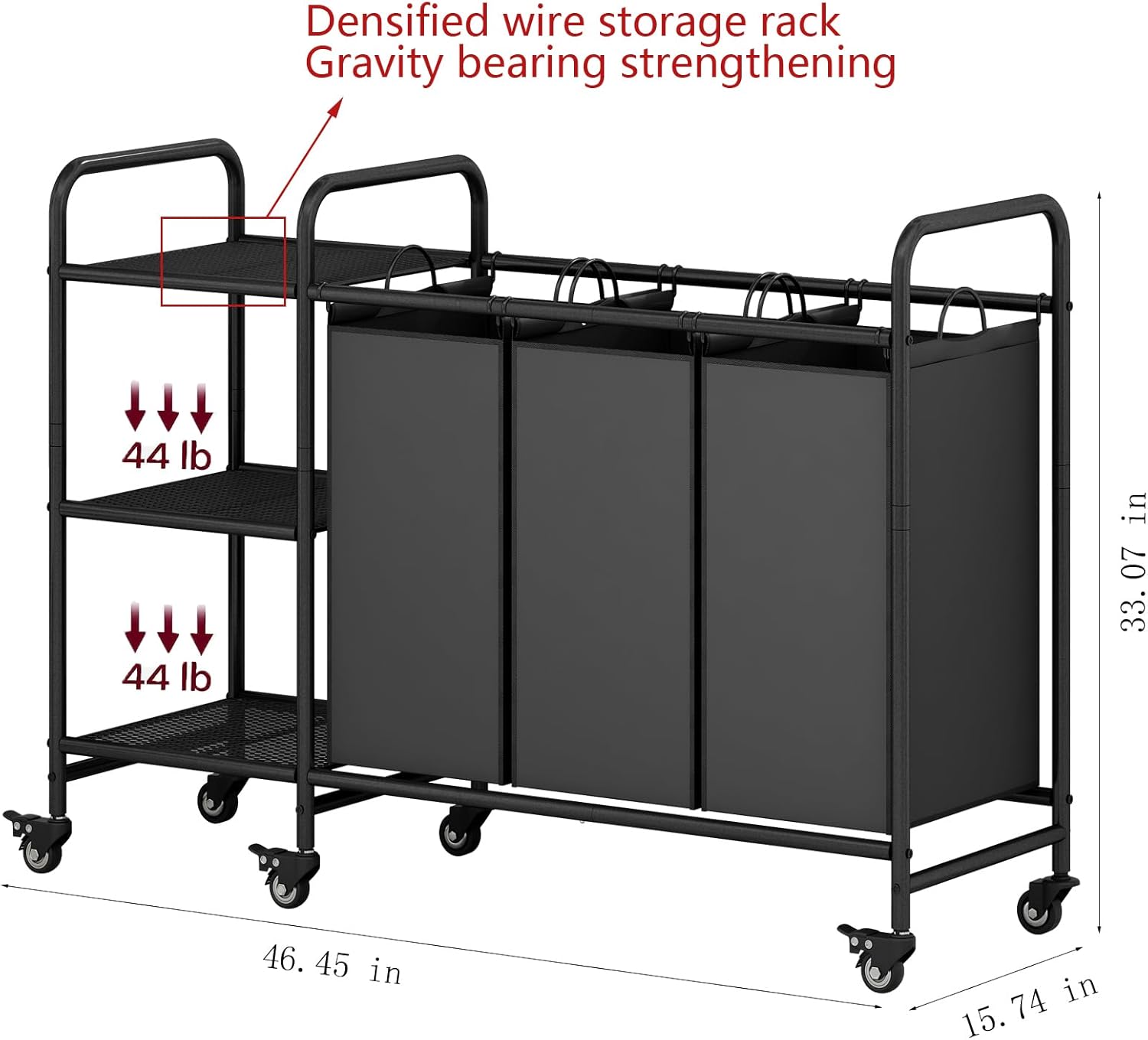 Black Iron 3-Bag Laundry Sorter with Wheels and Storage Shelf