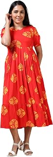 Maternity Nursing Dress Red with Yellow Floral Print Cotton Mid-Calf Side Zipper for Feeding Regular Fit Price In India