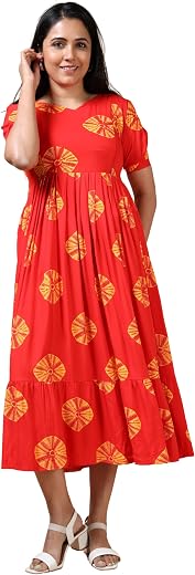 Maternity Nursing Dress Red with Yellow Floral Print Cotton Mid-Calf Side Zipper for Feeding Regular Fit