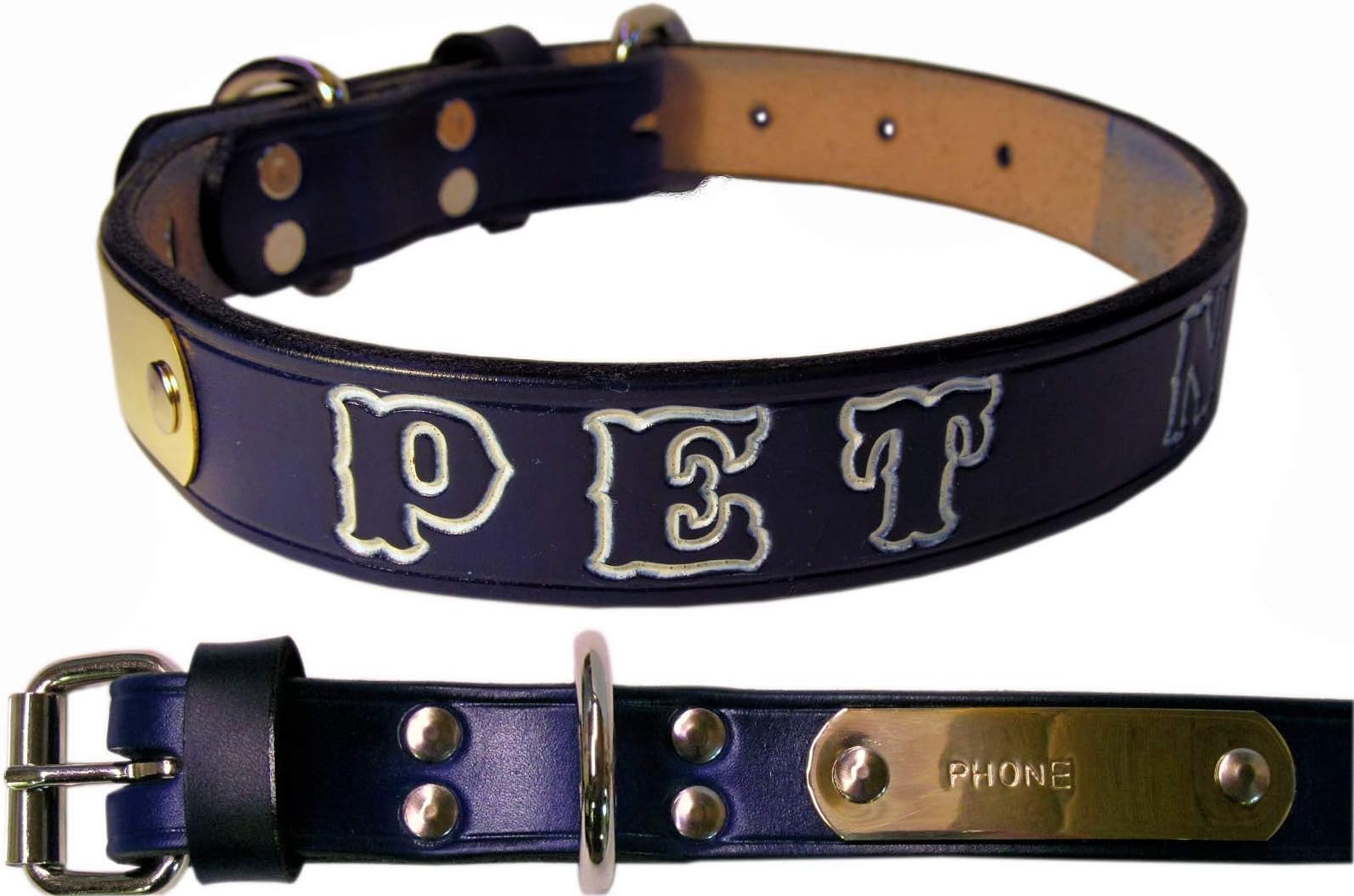 Haigler and Wallace Best Personalized Blue Leather Dog Collar with Name Plate (16 INCH NECK SIZE)