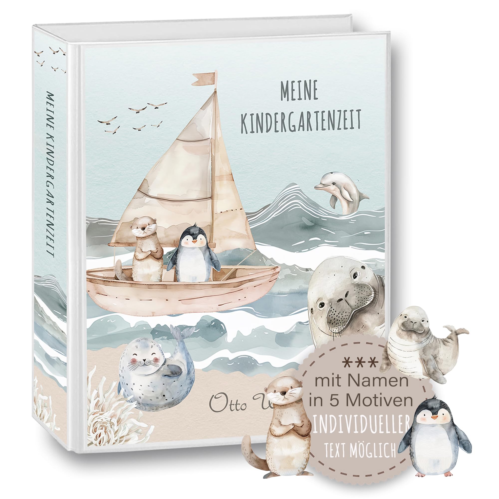 Kindergarten Ordner personalisiert Namen Wunschtext Otter Pinguin Robbe Walross A4 Blau - Meine Kindergartenzeit Kindergartenordner Portfolioordner Sammelordner Junge Mädchen