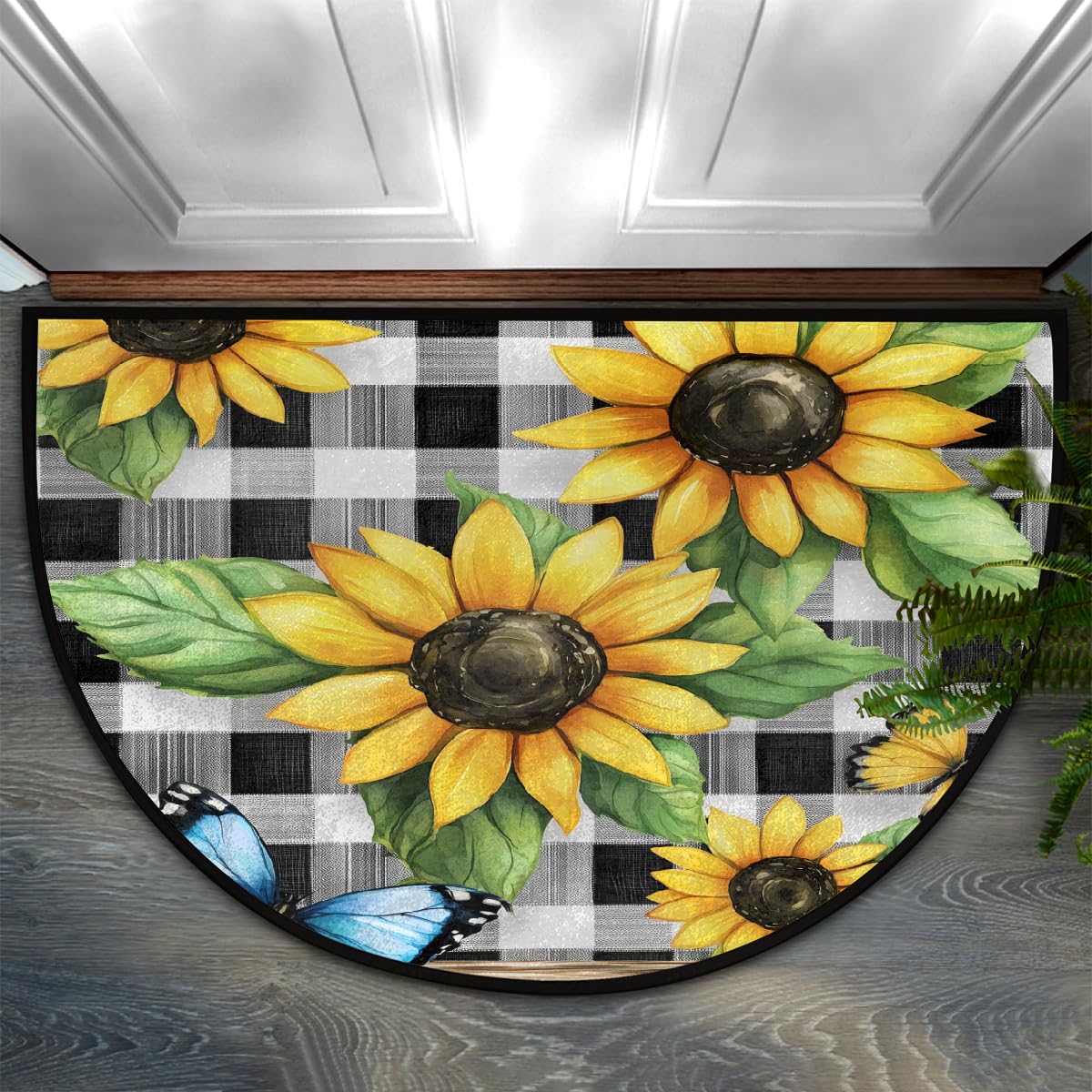 Paillasson demi-rond 58x91 cm tournesol noir et blanc tapis intérieur antidérapant cuisine chambre