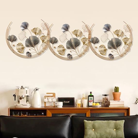 GERHWASH Wall Decoration Metal Gingko 150 cm x 50 cm Gold Wall Decoration Metal 3D Wall Sculptures Ginkgo Modern Luxury Wall Art Home Decor for Living Room Bedroom