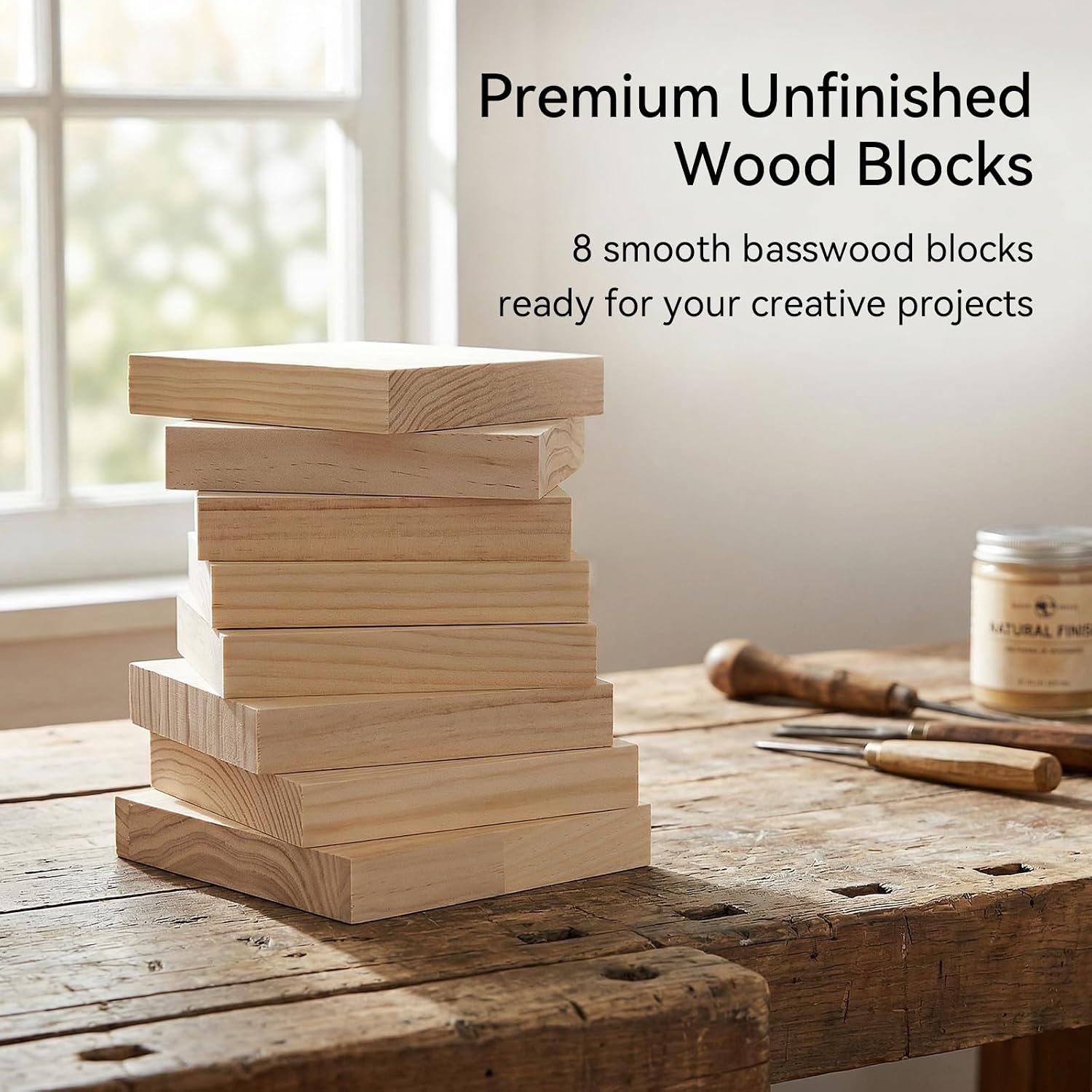 SEUNMUK 6 x 6 x 1 Inch Basswood Carving Blocks, 8 PCS Unfinished Rectangle Wood Blocks, Blank Wooden Squares Block for Crafts, DIY Projects, Carving