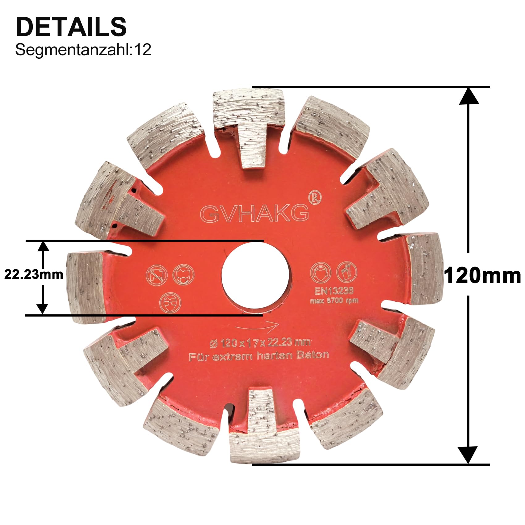 Tuck Point,Hoja de sierra de diamante para suelo radiante, suelo de hormigón muy duro y distancia, ancho de segmento de 17 mm, altura de segmento de 12 mm, corte seco premium (120x17x22.23 mm)