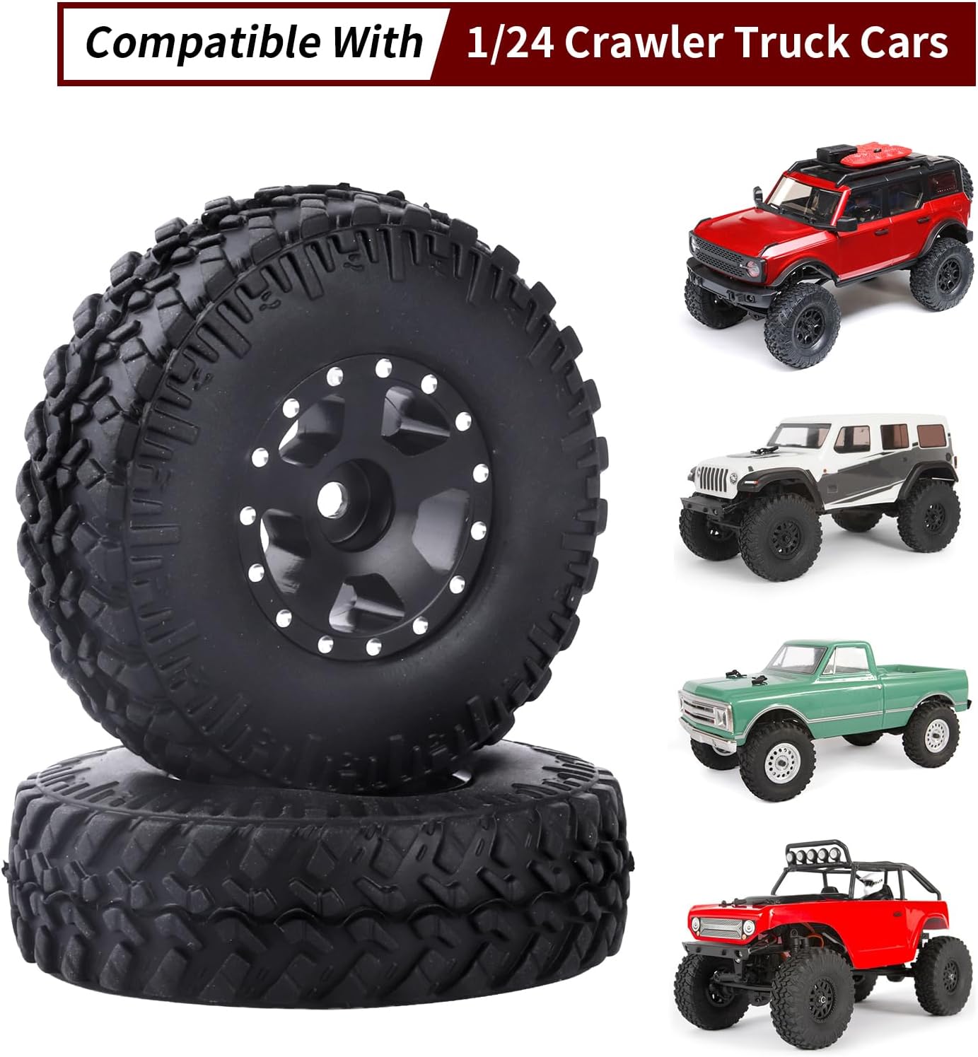 1.0 Beadlock Wheels and Tires for 1/24 Axial SCX24 Chevrolet C10 Deadbolt Jeep Jt Gladiator Jeep Wrangler JLU CRC 4WD RC Rock Crawler(Style 1)