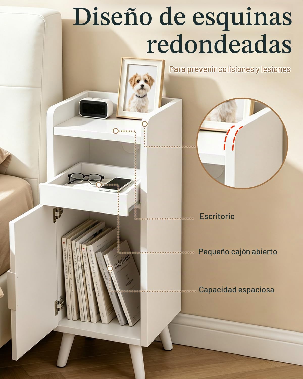 Mesita de noche de 2 plazas de noche estrechas, pequeñas con cajón y puerta, mesita de noche, gestión de cables, mesa auxiliar, ahorro de espacio para sala de estar, dormitorio, 25 x 30 x 61