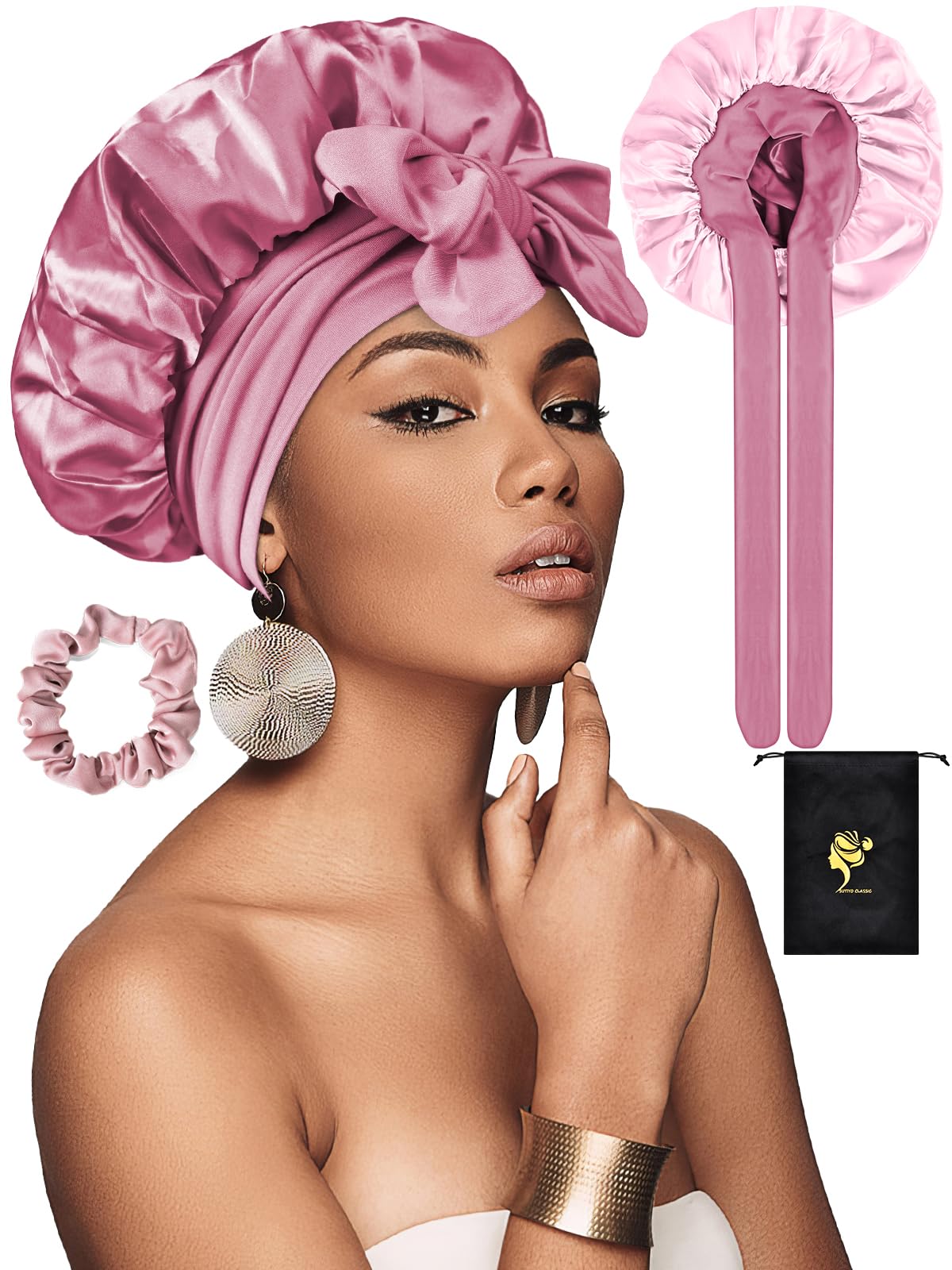 SUTIYO Satin Bonnet for Sleeping Double Layer Silk Bonnet for Curly & Long Hair, Adjustable Hair Bonnet for Women Girls Pink/Light Pink
