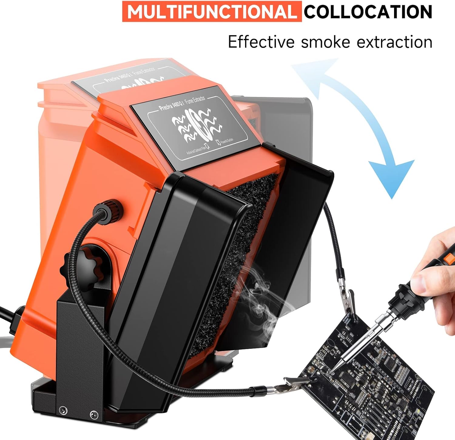 Preciva 948DQ-I Solder Smoke Absorber Remover, Tiltable Angle Fume Extractor Fan with Flexible Helping Hands and 8 Fan Filters for Soldering Wood Burning