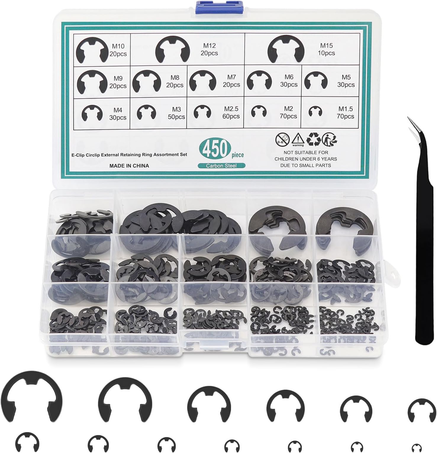 Kit 400 Pcs Anneaux E-Clips En Acier Inoxydable – 13 Tailles M1.5 à M15 – Circlips Externes Snap Ring