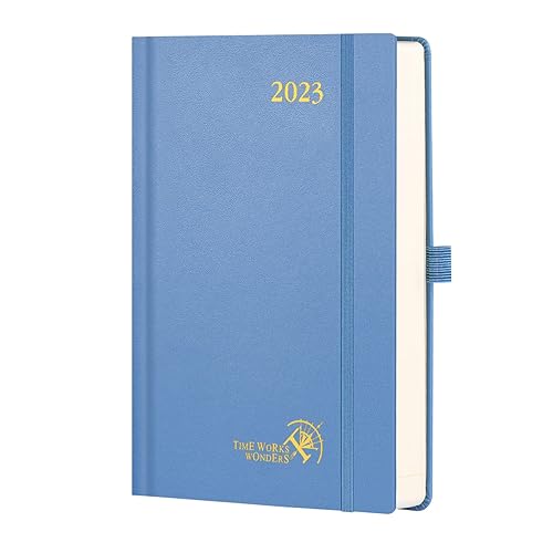 POPRUN Diary 2023 Page A Day Hardback -21.5 x 14.5 cm 2023 Daily Planner Day per Page with FSC® Certified Paper - A5 Diary 2023 Day to Page, Inner Pocket - Haze Blue