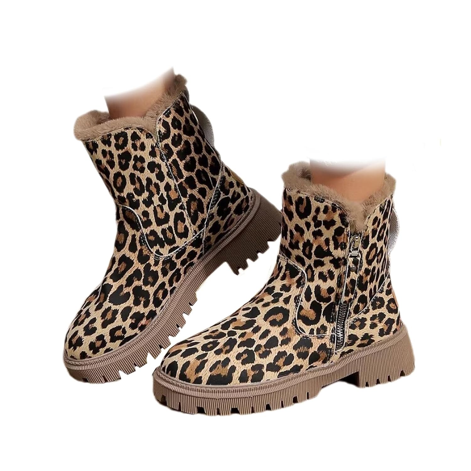 Ankle Boots for Women Leopard Print Suede Plush Snow Boots Low Heel Chunky Heel Non Slip Walking Shoes