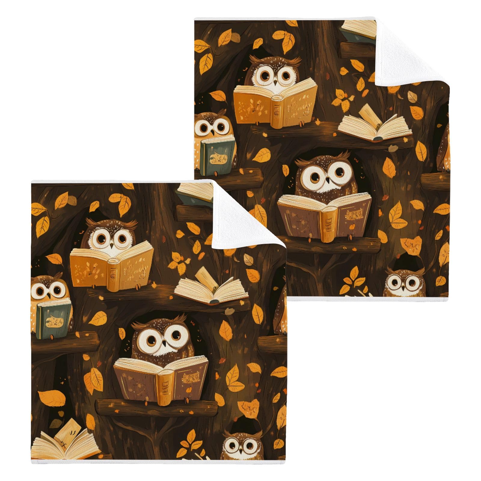 ALAZA Wash Cloth Set 100% Cotton Fingertip Towels Face Cloths Sets Owl Reading Highly Absorbent Soft Feel Set of 2