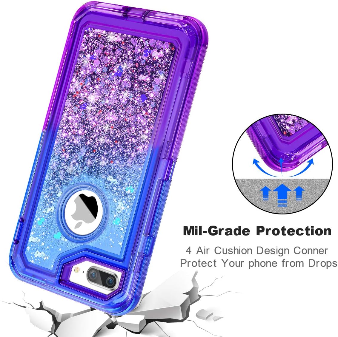 Coolden Case for iPhone 8 Plus Case Protective Glitter Case for Women Girls Cute Bling Sparkle 3D Quicksand Heavy Duty Hard Shell Shockproof TPU Case for iPhone 6s Plus 7 Plus 8 Plus, Blue Purple