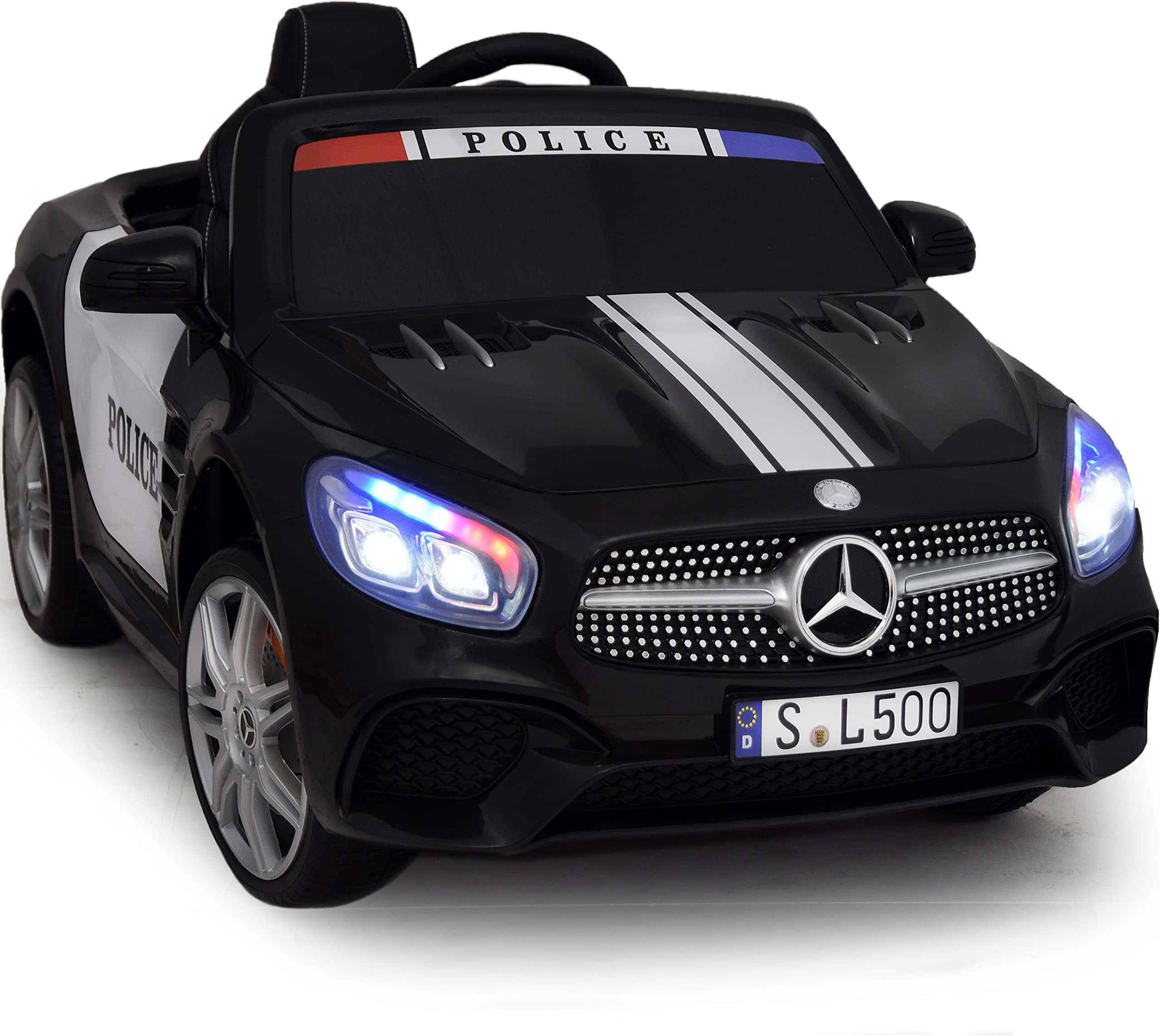 Americas Toys Compatible with Mercedes-Benz SL500 Ride On Car - 12V Ride On Toys with Remote Control - Electric Police Car for Kids - One-Seater Open Doors Leather Seat MP3 Music Police Styled