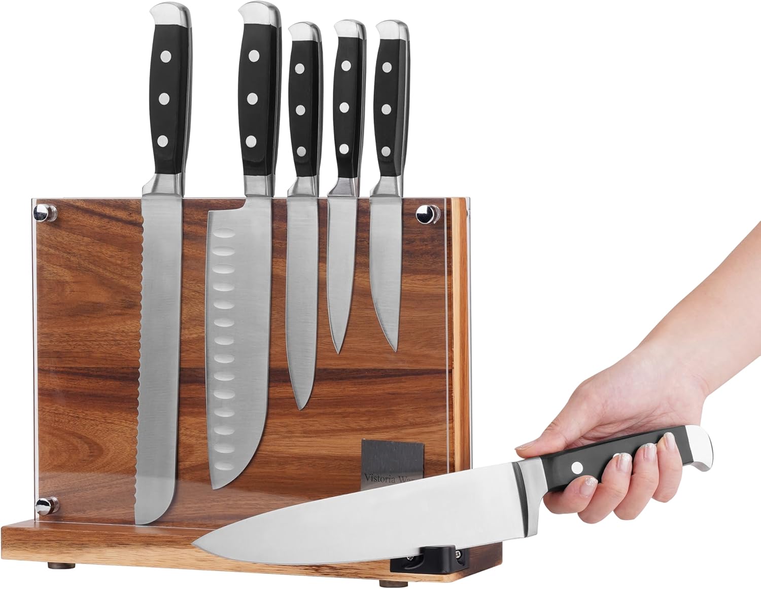 Acrylic Magnetic Knife Block, Modern Wood & Clear Magnetic Knife Holder Stand, Double-Sided Strong Magnet Kitchen Knife Storage Organizer for Countertop Display