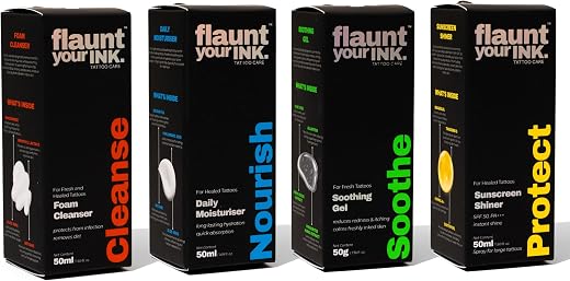 Flaunt Your Ink Ultimate Tattoo Care Kit | Shiner, Cleanser, Soothing Gel &amp; Moisturizer | Helps in Recovery + Protects Tat...