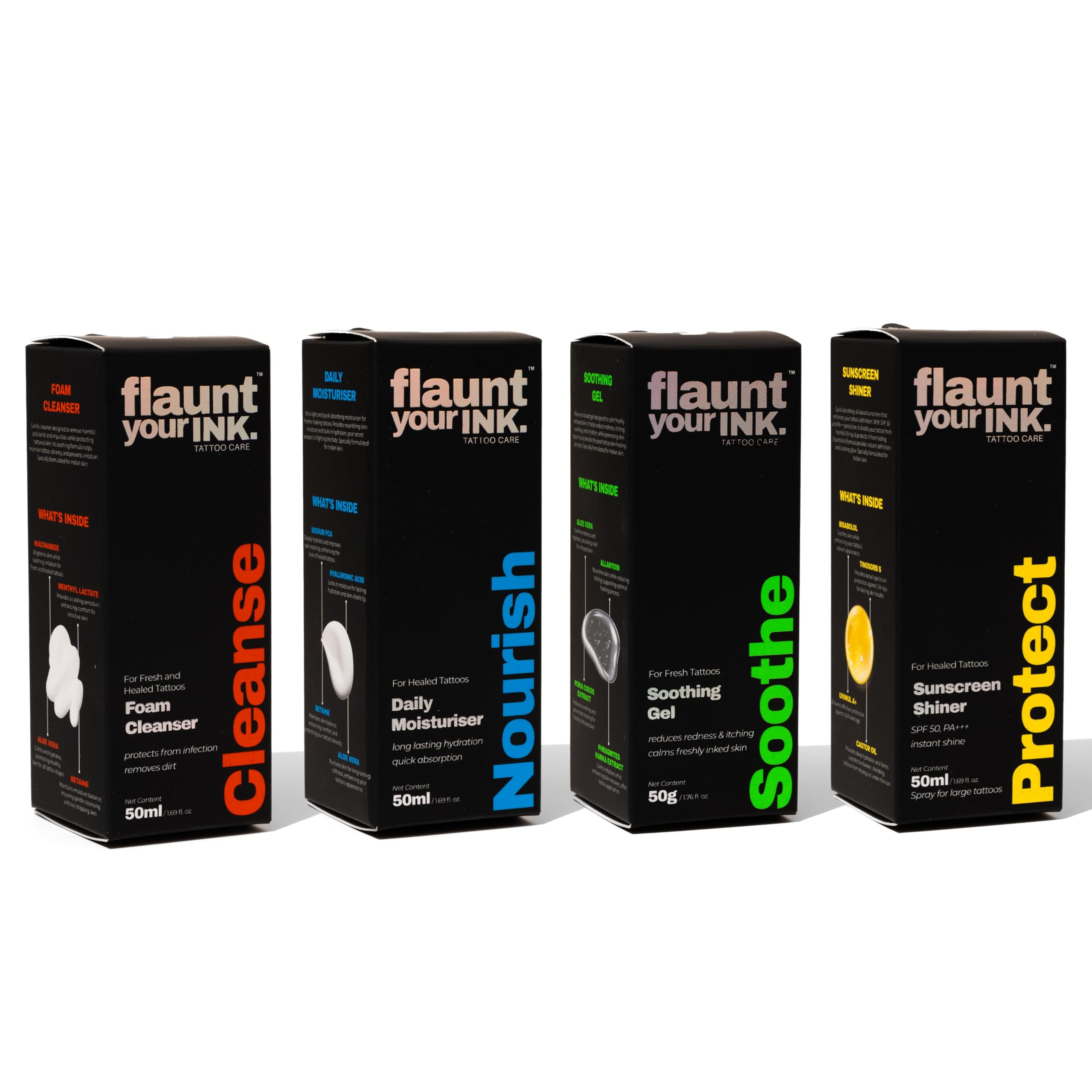 Flaunt Your Ink Tattoo Care Kit – Daily Moisturizer & Tattoo Shiner | Fades Protection | Hydrating with Hyaluronic Acid, Betaine, Vitamin E & Bisabolol | 50ml Each (pack of 2)