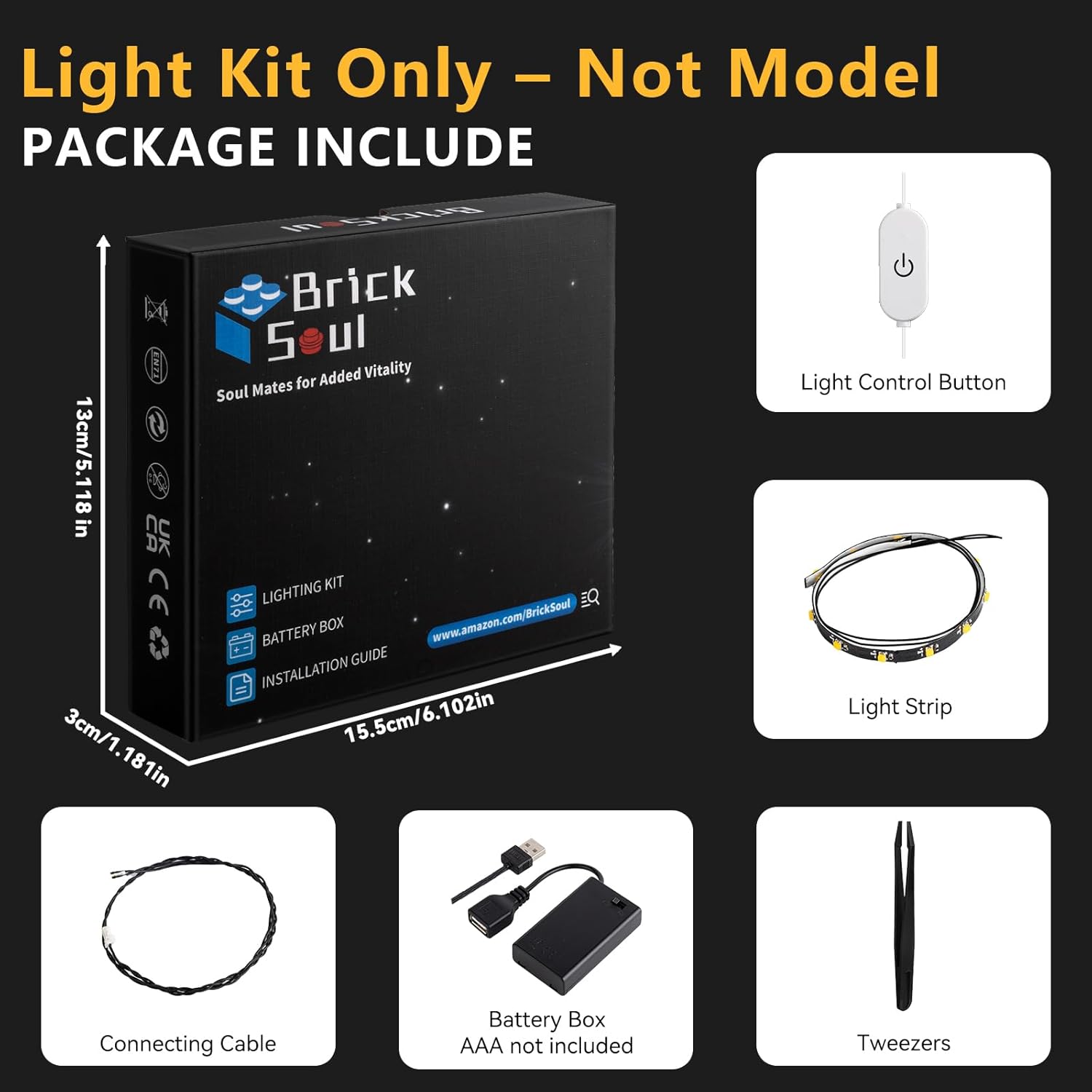 Contents of the BrickSoul LED Lighting Kit package, including light strips, cables, battery box, control button, and tweezers.