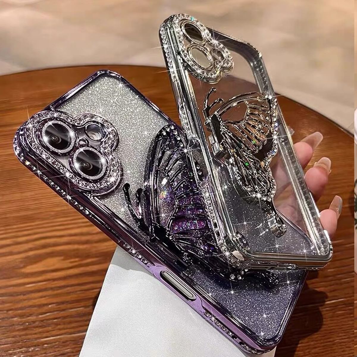 for iPhone 16 Glitter 3D Butterfly Case,Cute Luxury Bling Sparkly Diamond Rhinestones Liquid Flowing Case with Camera Lens Protector TPU Bumper Women Girls Phone Case for iPhone 16 6.1",Black - Image 9