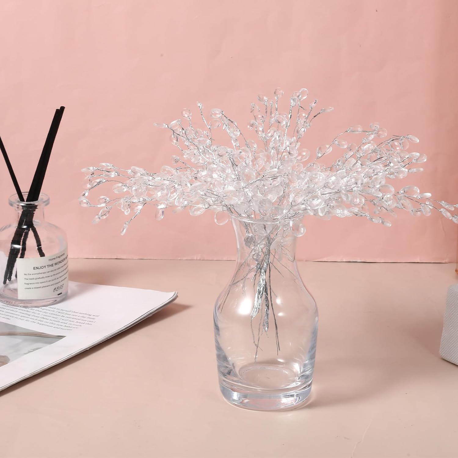 25 Pcs Crystal Flower Stem Branches, Acrylic Crystal Flower Branches, Clear Artificial Bead Drop Bouquets, Glitter Floral Acrylic Picks, Floral Stem Branch for Wedding, Home Decoration, DIY Craft