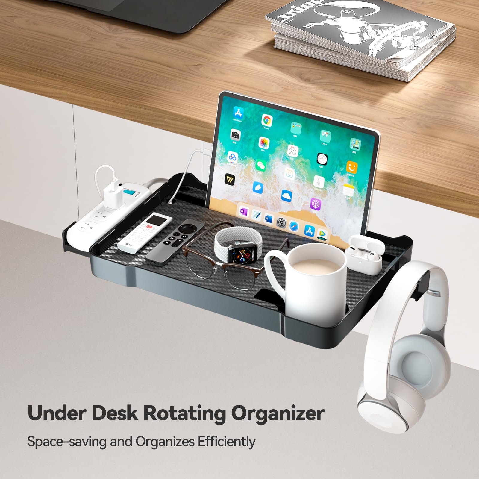 KDD Organizer pod biurko – obracany o 360° organizer na biurko z wieszakiem na słuchawki, gniazdem na telefon i tablet, uchwytem na kubek i uchwytem na gniazdo, bez wiercenia pod biurkiem, do domu