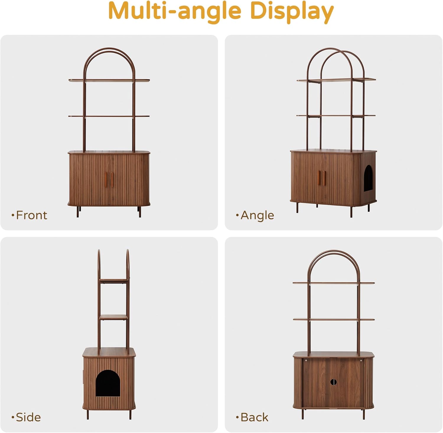 Cat Litter Box Enclosure with Shelves, 62" Walnut Wooden Sliding Door Hidden Litter Box Cabinet, Modern Cat Litter Box Furniture Cat Litter House Pet House for Living Room