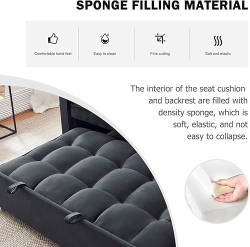 Miniatura 7 de Sofá cama, sofá cama extraíble de terciopelo 3 en 1 con reposabrazos, bolsillos de almacenamiento y 2 almohadas, respaldo ajustable, sofá cama