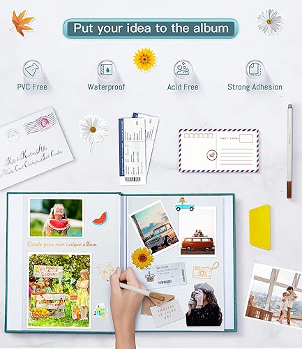 Miniatura 5 de Álbum de fotos de 60 páginas, álbum de recortes autoadhesivo para fotos de 4 x 6 a 10 x 12 pulgadas, cubierta de lino, álbum de memoria para libro