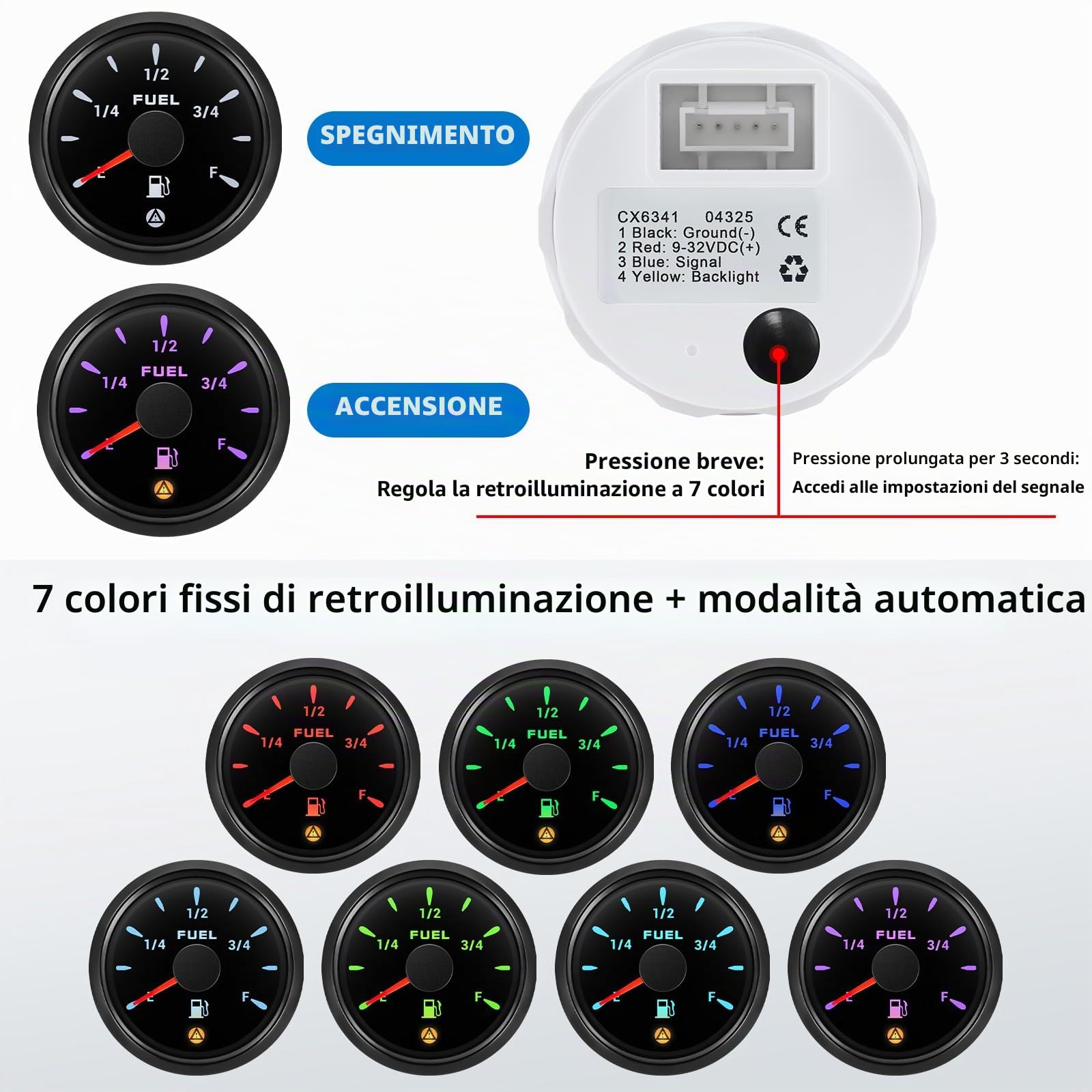 52 mm Boot Fuel Level Misuratore 240-33/0-90/0-190ohm/10-180/240-30ohm, vuoto pieno con retroilluminazione a 7 colori per auto, barca, yacht/marine/moto