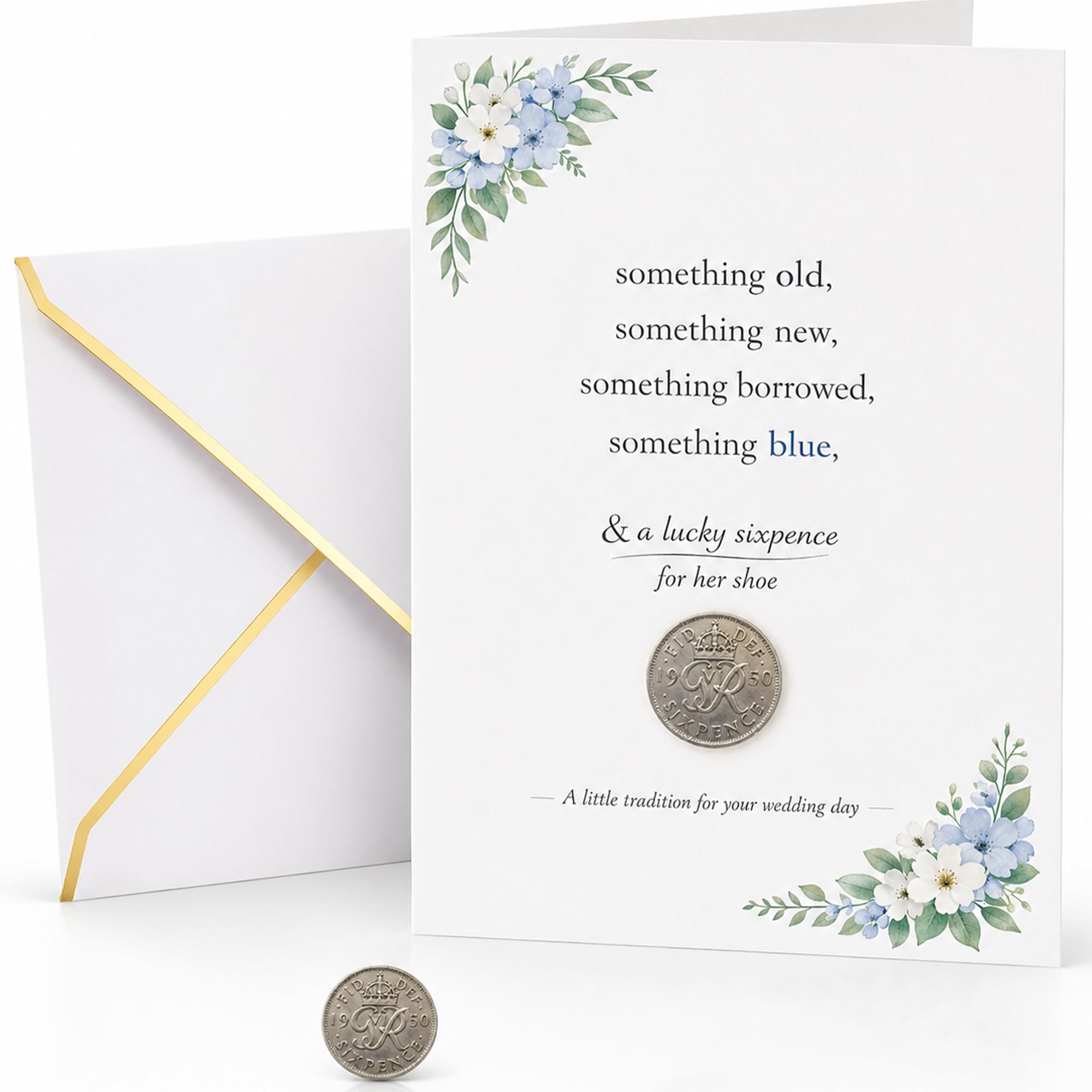 Wedding Card with Lucky Sixpence Traditional Something Old New Borrowed Blue Rhyme 18 x 13 cm