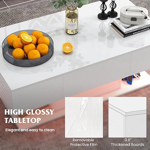 Miniatura 5 de Tangkula Mesa auxiliar LED con 2 cajones, mesa central moderna de alto brillo, luces LED regulables de 20 colores y control remoto, estante abierto,