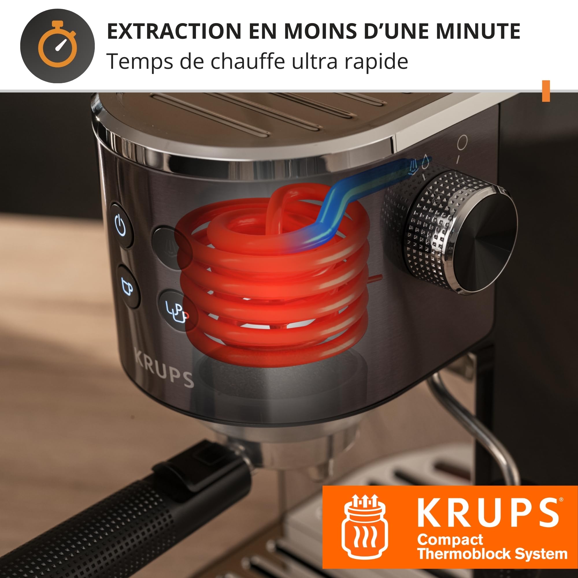 Krups Virtuoso Essential, macchina da caffè espresso pompa, 15 bar a pressione, ugello a doppio vapore, Thermoblock, cucchiaio dosatore e compattatore, nero, XP444G