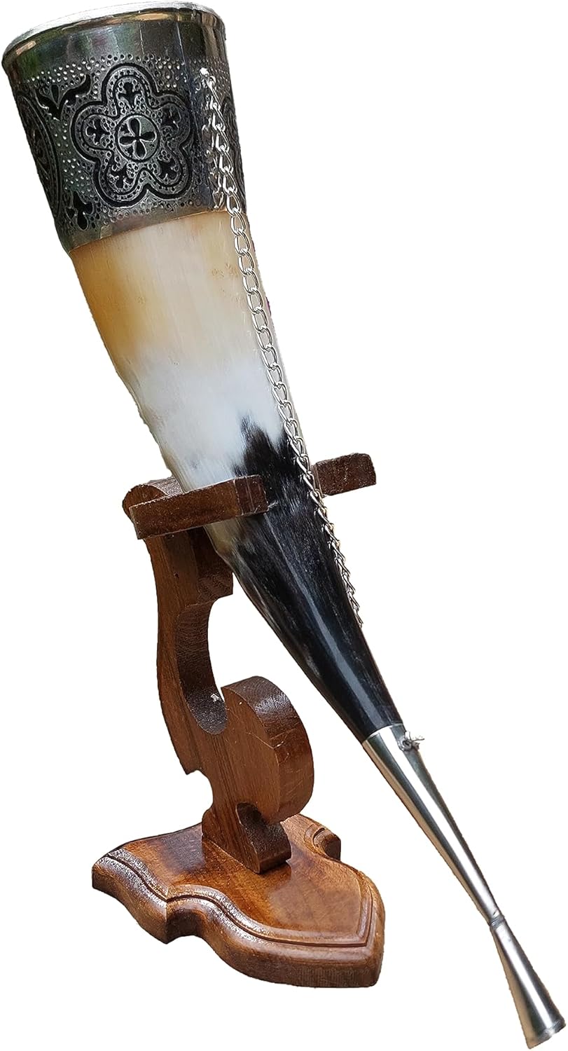 Viking Drinking Horn, 5-7oz Medieval Natural Handcrafted Horn with Wooden Stand
