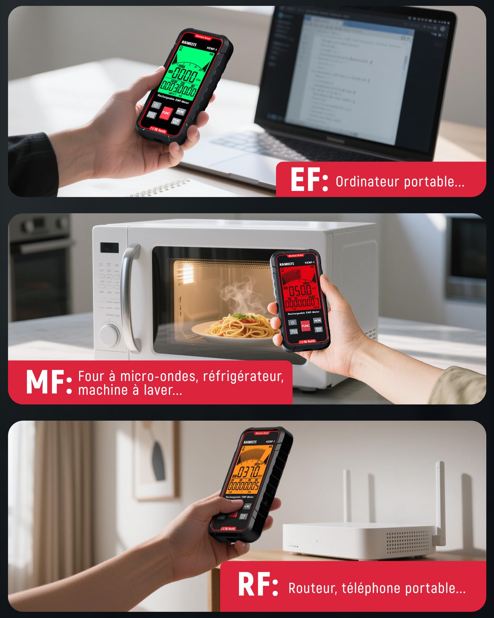 KAIWEETS Appareil de Mesure EMF Affichage Simultané des Données EF/MF/RF Écran LED Port de Charge de USB C Portable pour la Maison, le Bureau et l'extérieur