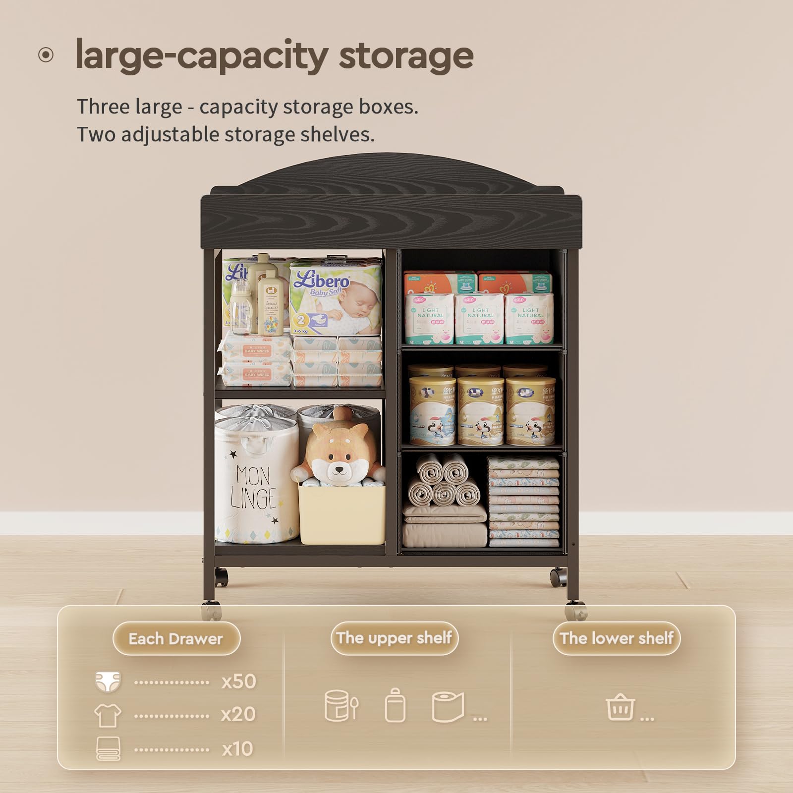 Changing Table Dresser, Baby Dresser with 3 Fabric Drawers and 2 Shelves, Multi-Functional Baby Changing Table with Pad, Classic Nursery Dresser, Diaper Changing Station for Nursery, Black