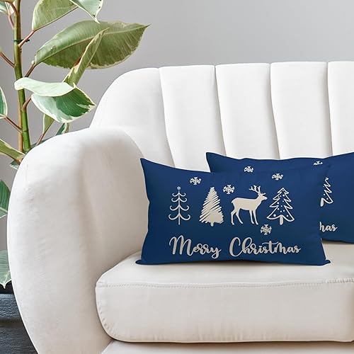 Miniatura 5 de Juego de 2 fundas de almohada lumbares azules de Navidad de 12 x 20 pulgadas, diseño de copos de nieve, árbol de ciervo y copo de nieve, juego de 2