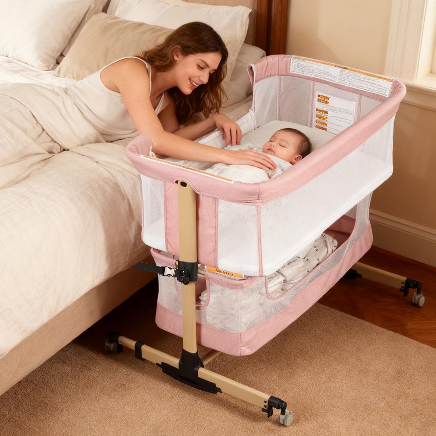 Baby Bassinet Bedside Sleeper, 3-in-1 Bedside Bassinet, 5 Height Adjustable Rocking Bassinet, Breathable Full Mesh, Mosquito Net, Storage Basket, Stable and Secure Bassinets for Newborn (Khaki)