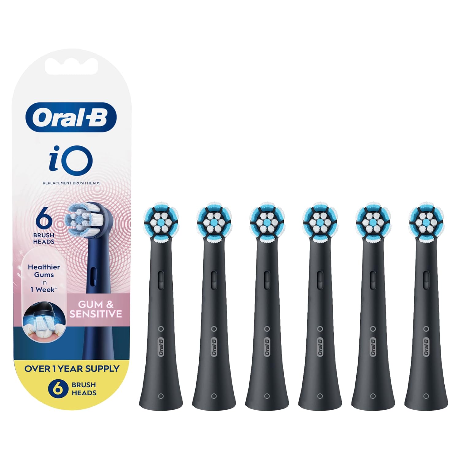 Oral-B iO Gum & Sensitive Replacement Heads, Electric Toothbrush Brush Heads, Black, 6 Count