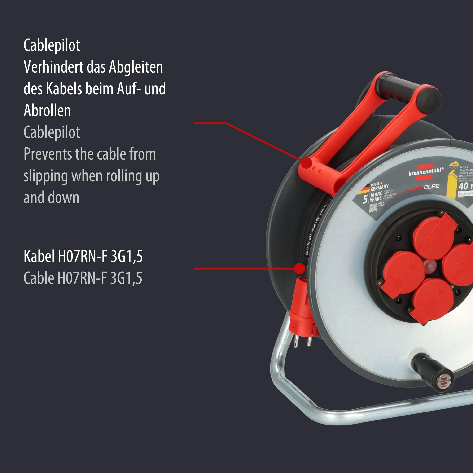Brennenstuhl Professional SteelCore SC 4100 IP44 (40 m, corpo tamburo in lamiera d'acciaio, uso da cantiere e uso esterno permanente, Made in Germany)